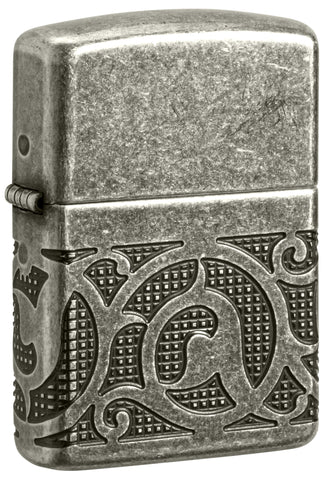 Front view of ˫ Pattern Armor Antique Silver Windproof Lighter standing at a 3/4 angle.